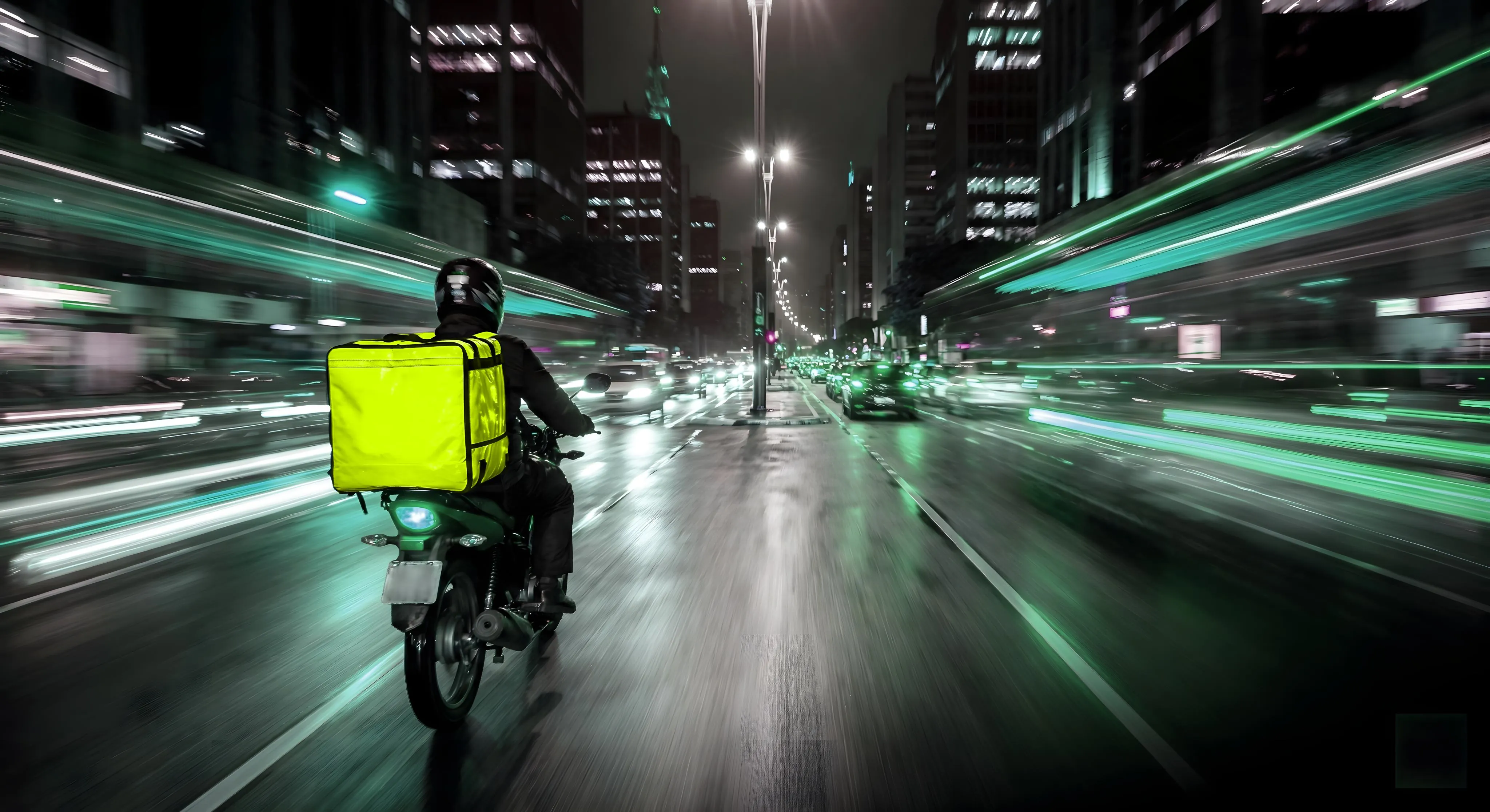 Bike courier in motion with insulated delivery bag