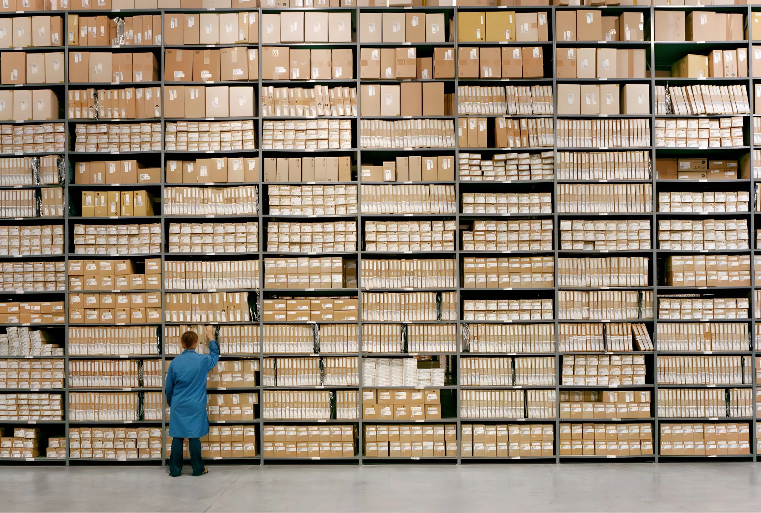 Warehouse worker — human scale inside huge systems