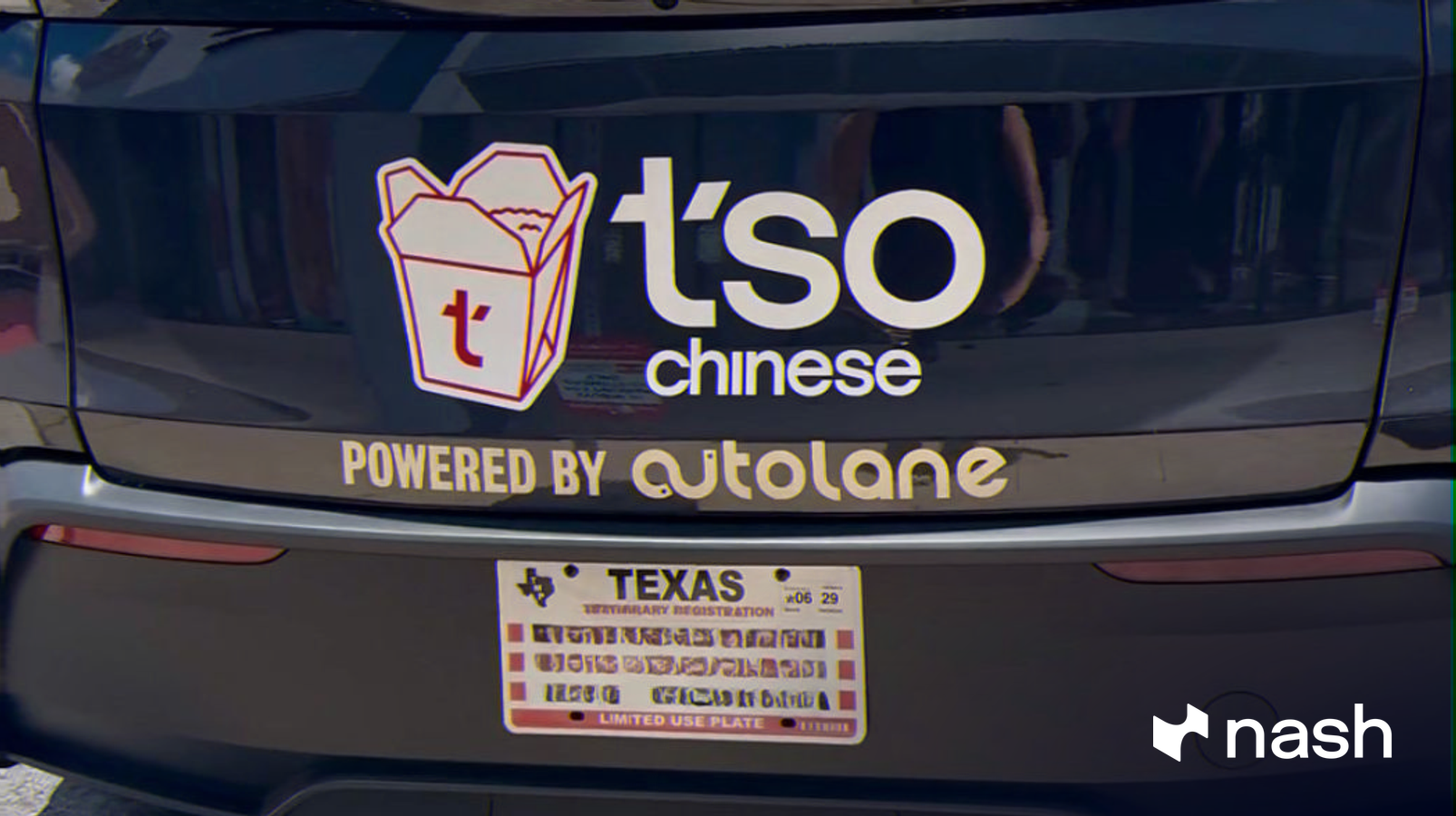 The rear of a supervised autonomous Tesla in Austin, branded with the Tso Chinese Takeout & Delivery and Autolane logos and a Texas autonomous-vehicle plate