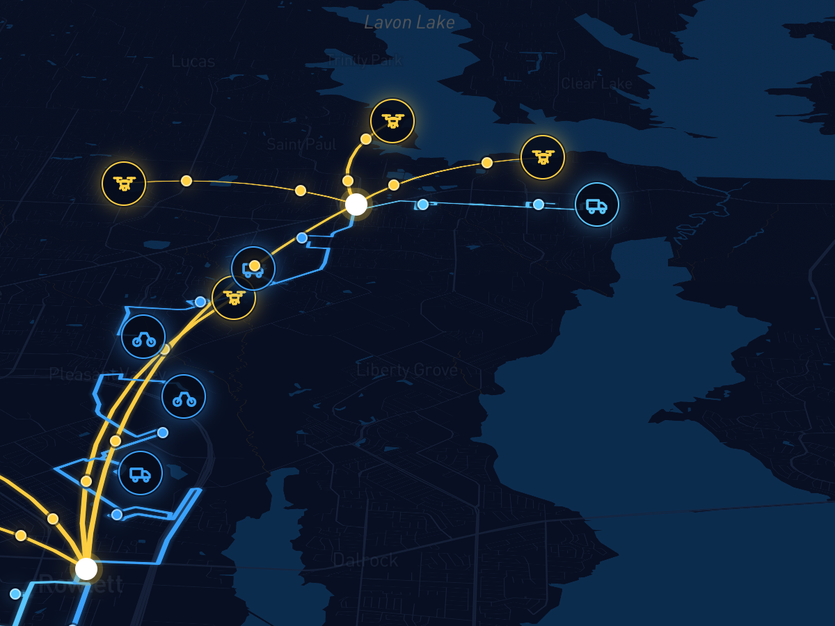 A detail of the Rowlett, Texas route map showing Flytrex drone icons in amber and Nash-dispatched ground courier icons in blue