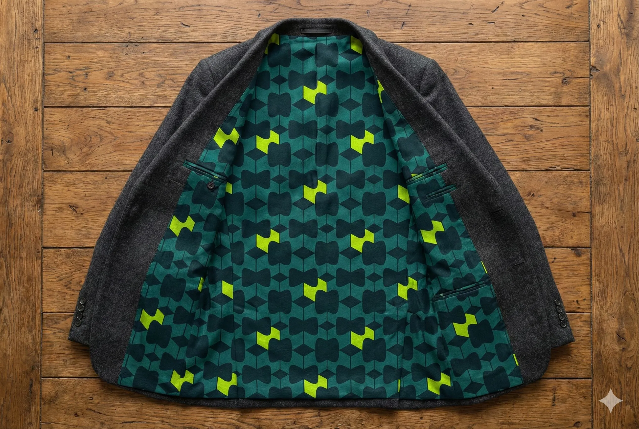A silk pocket square folded into a tuxedo, woven with the Nash continuum pattern