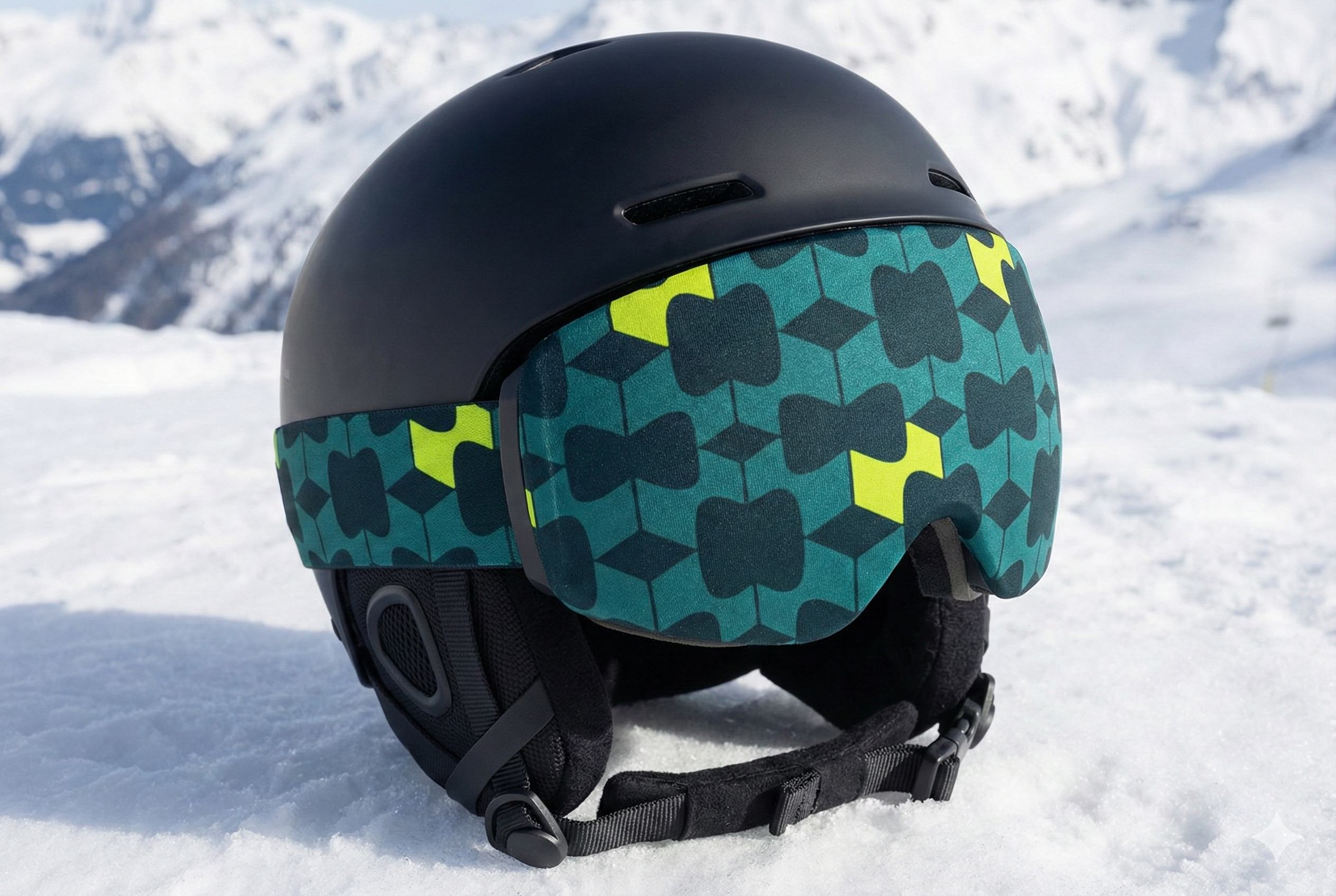 A ski helmet with goggles wrapped in the Nash continuum pattern